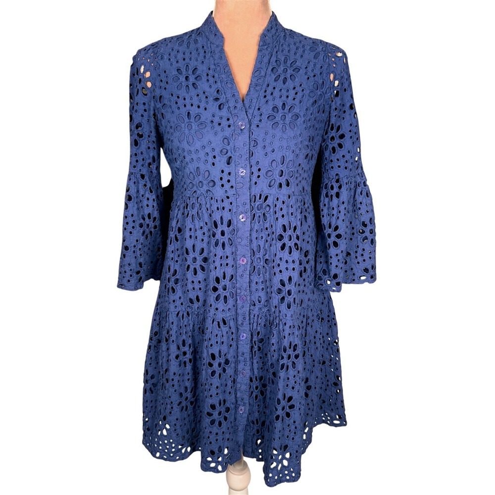 Lilly Pulitzer Hazelanne Eyelet Dress Womens 2 Blue‎ Tiered Bell Sleeve 013215